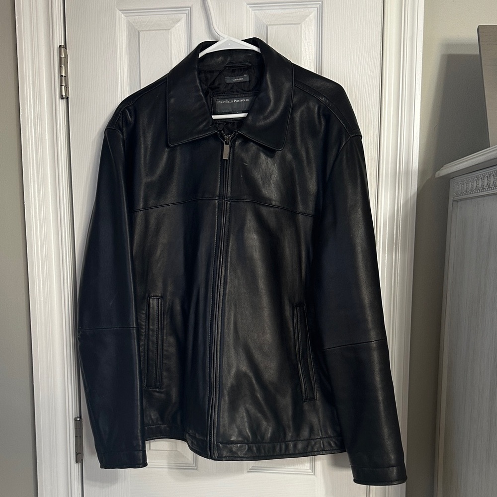 Perry Ellis Black Leather Jacket Lambskin